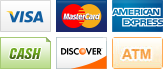we accept visa, master card, american express, cash, discover, and atm debit